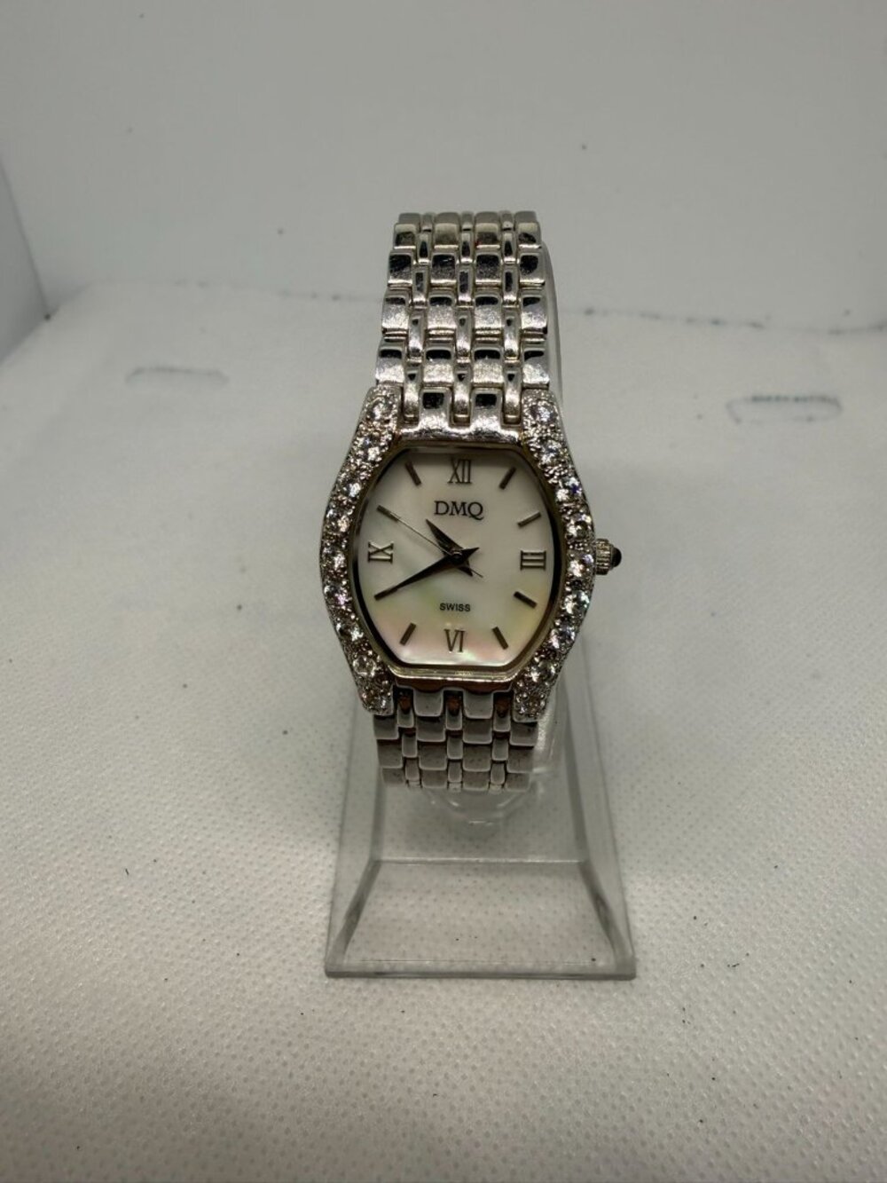 DMQ Swiss DQ/4019 Women's Silver Tonneau CZ Crystal Bezel Mother Pearl Watch